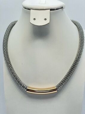 Silver Mesh Collar Necklace Gold Bar Modern Minimalist Statement